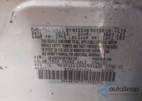 2015 Nissan Sentra S z USA, uszkodzony, nr VIN 3N1AB7AP9FY355124